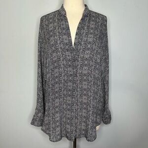 Vince Women’s 100% Silk Navy Printed Banded Collar Buttoned Blouse Top Size S